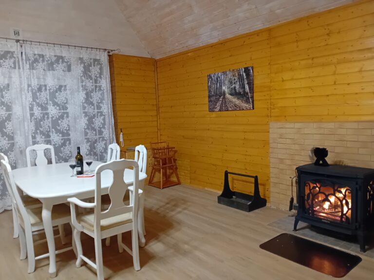 elutuba söögilaua ja kaminaga